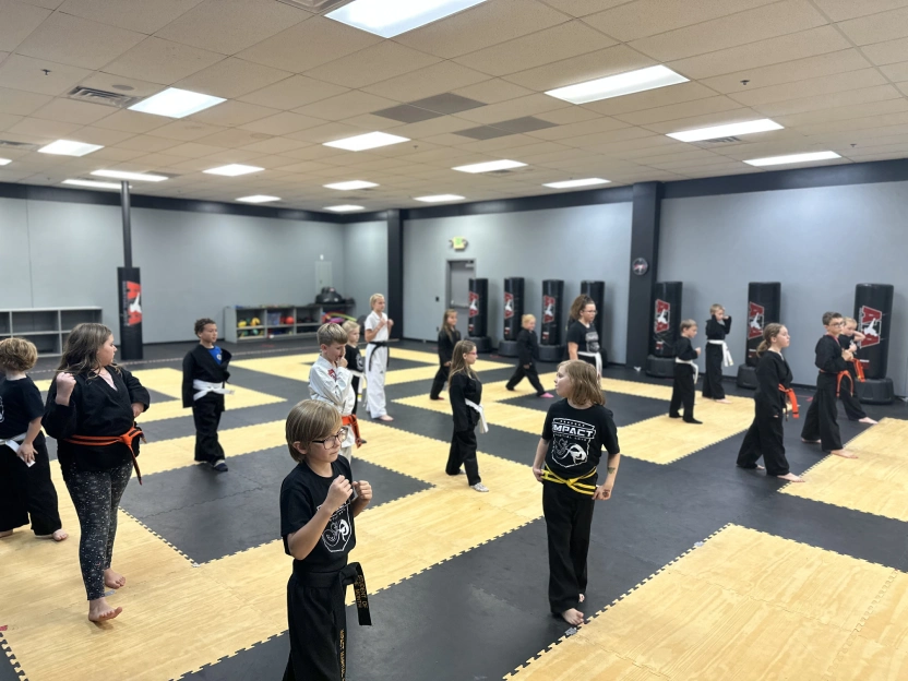 Happy kids in Angola learning martial arts, improving balance, coordination, and having fun while building life skills.